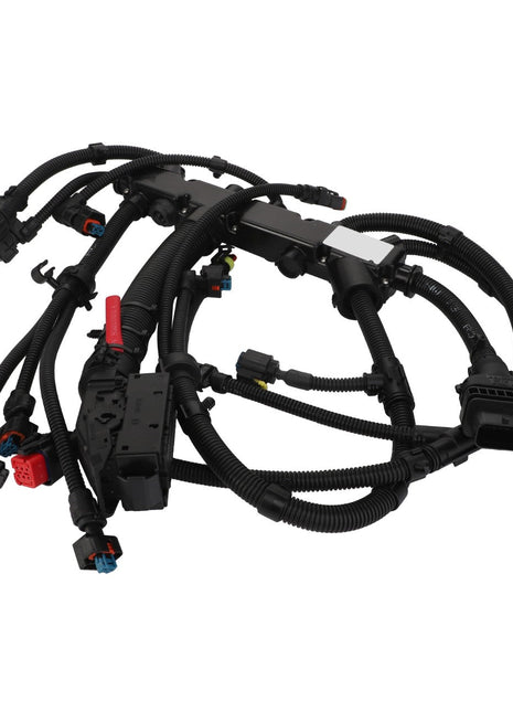 The AGCO Engine Wire Harness - Acw2017670, featuring multiple black wires and connectors of various shapes and colors, does not provide current information regarding compatibility details.