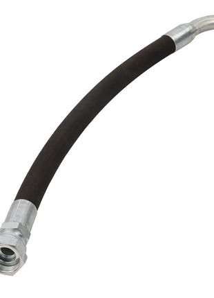 No current product description matches the versatility of this image: the AGCO Hydraulic Hose - Acw0605120, a flexible black rubber hose with metal connectors at both ends.