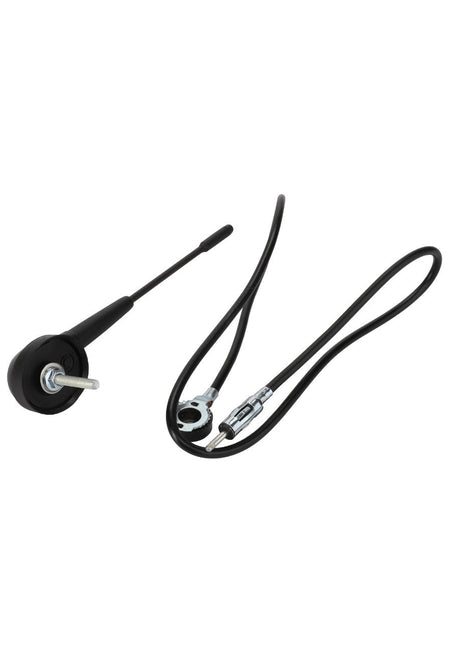 The AGCO Radio Antenna - Acx244085B is a black whip-style antenna with a threaded mount base and attached wiring cables. No current product description information is available for this item.