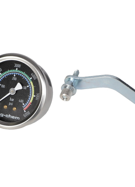 AGCO pressure gauge (model AG522586) with a steel casing, displaying measurements in PSI and bar. It features the brand name "AGCO." Beside it is a metallic mounting bracket with two attached screws. No current product description information is available.