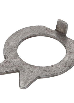 Introducing the AGCO LOCK WASHER - D45146000! This round, flat metal washer is designed with a small tab and two protruding points on its outer edge. Further product description details are currently unavailable.