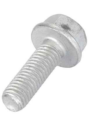 A close-up view of the AGCO Screw - La16673735, a shiny metal hex bolt with a threaded shaft and hexagonal head, displayed on a white background.