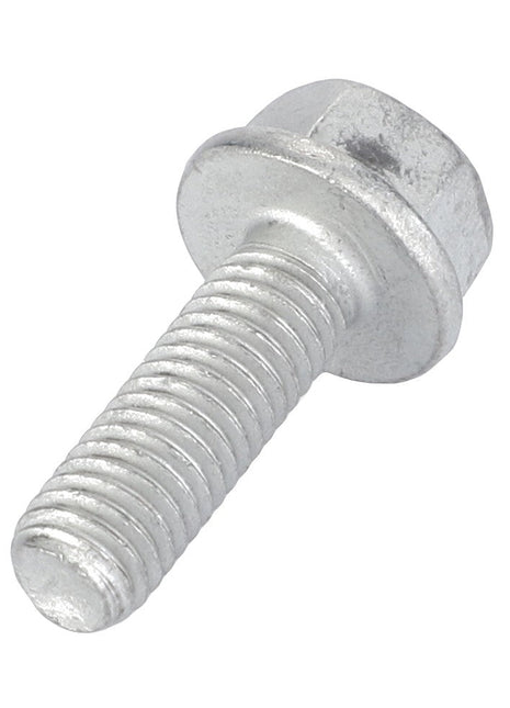 A close-up view of the AGCO Screw - La16673735, a shiny metal hex bolt with a threaded shaft and hexagonal head, displayed on a white background.