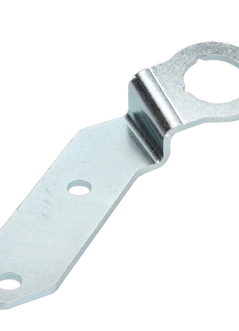 The AGCO Bracket - Acp0420120 is a flat metal bracket with a circular opening at one end and two holes for screws at the other. Unfortunately, no further product description is available at this time.