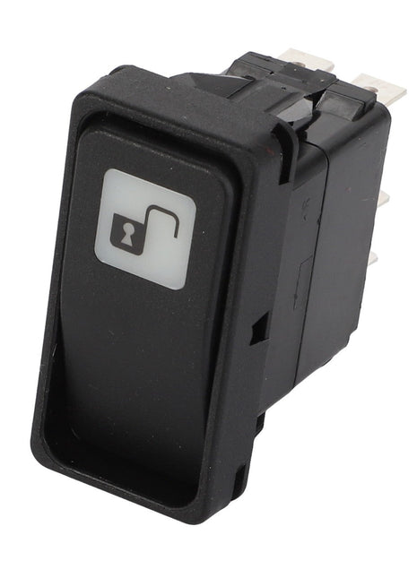 AGCO's SWITCH - AL5103006 is a black rectangular push-button switch featuring a white unlocked padlock icon on its face, with several metal prongs visible at the back for electrical connections.