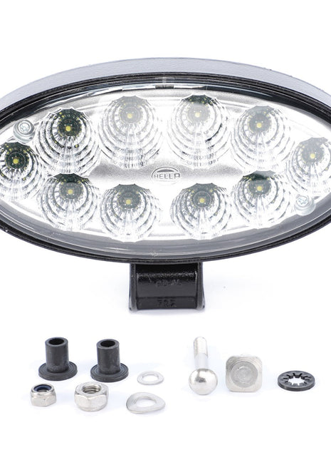 The AGCO LED Work Light (model number ACW0607840) comes with a mounting bracket, washers, screws, and additional installation hardware. This genuine AGCO LED work light is designed for shock resistance and low energy consumption, ensuring durability and efficiency in various conditions.