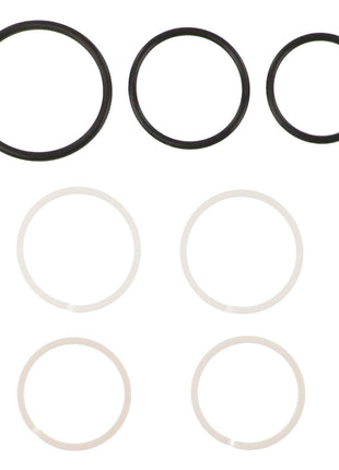 Six rubber O-rings from the AGCO SEAL KIT - AG121390 are arranged in two rows. The top row has three black O-rings in decreasing sizes from left to right, while the bottom row features three white O-rings, identical in size. No available product description information highlights the simplicity and uniformity of this design from AGCO.