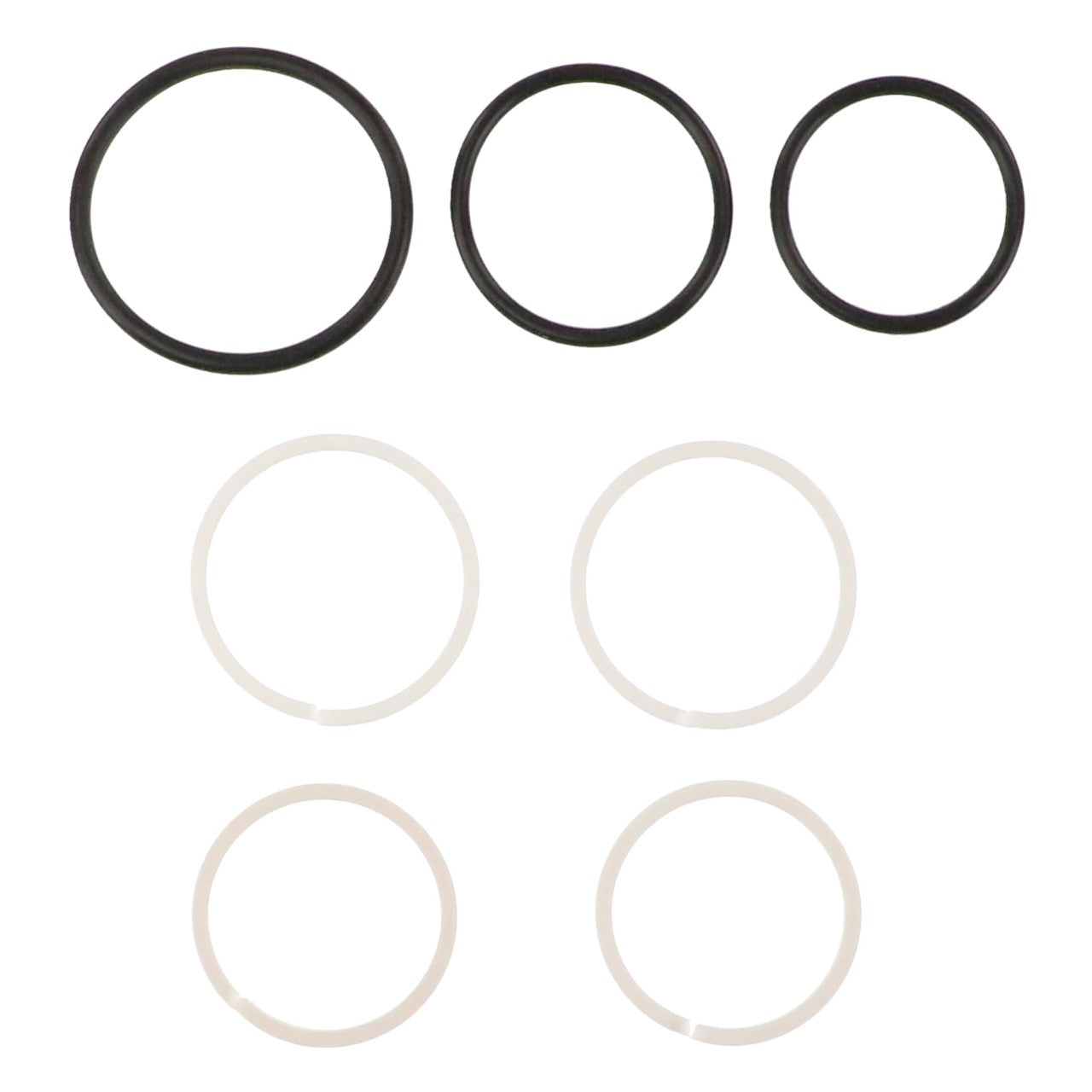 Six rubber O-rings from the AGCO SEAL KIT - AG121390 are arranged in two rows. The top row has three black O-rings in decreasing sizes from left to right, while the bottom row features three white O-rings, identical in size. No available product description information highlights the simplicity and uniformity of this design from AGCO.