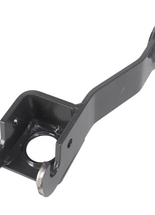 The AGCO | Swing Arm - Acw557195A is a metal automotive part with a black finish, featuring a hooked end and a rounded end with a bolt hole, designed for connection to other components.
