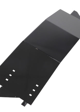 Image of the AGCO Dust Protection Plate - Acp0566420, a black, angular metal component with multiple cut-outs and bends, designed for industrial machinery or automotive applications.