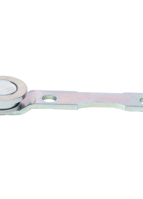 AGCO Roller Guard - Acw2132730: Metal bracket with a circular pivot joint, featuring two mounting holes and a raised cylindrical element, isolated on a white background. No current product description information available.