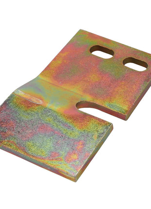 The AGCO | PLATE - D28281576 by AGCO is a rectangular metallic plate that includes two rectangular holes and a curved cutout, all adorned with a gradient, multi-colored surface.