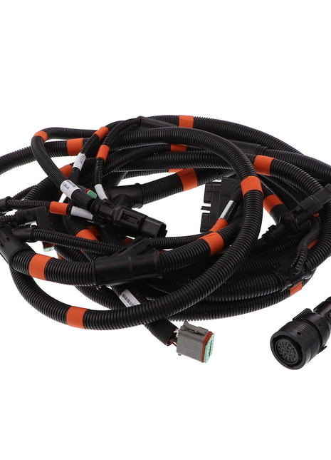 A coiled black and orange electrical wiring harness with multiple connectors is shown, but no current product description information is available for the AGCO | Harness - Acx3401970 by AGCO.