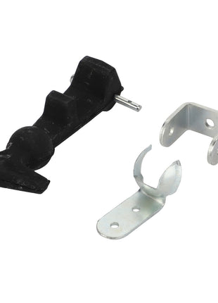 Displayed on a plain white background is the AGCO Grip - Acp0391390 by AGCO, featuring assorted metal brackets and clips. The set includes a black hinge-like piece and two silver mounting hardware components. Currently, no additional product description is available.