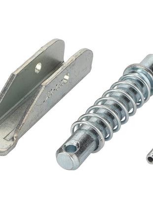 A high-quality AGCO Pallet Fork Locking Kit (AL11260629) featuring a metal spring-loaded pin with a mounting bracket and a small cylindrical pin on a white background, designed for front loader applications by AGCO Parts.