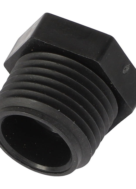 Close-up of the AGCO | REDUCER - AG610729, a cylindrical black threaded plastic plug with a hexagonal head, meticulously designed for sealing or capping a port or opening.