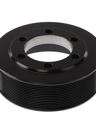 The AGCO | Crankshaft Pulley - Acw3678960 is a black metal component with a central hole encircled by five smaller holes, and features intricate grooves around its circumference.