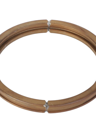 The AGCO | SNAPRING - AG725282 is a circular, bronze-colored metal ring designed to be split into two semi-circular halves, each featuring small clamps at the ends. Please note, there is no current product information available for this item.