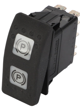 The AGCO SWITCH - D45050047 is a black rectangular rocker switch featuring white "P" symbols inside circles on both ends, typically used for parking functions in vehicles. No current product description information available.