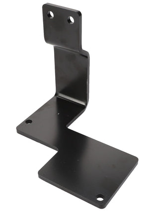 No current product description information is available for the AGCO Brake Carrier - Acw9340980. This black metal bracket features an L-shaped design with four mounting holes, two on the shorter vertical section and two on the horizontal base.