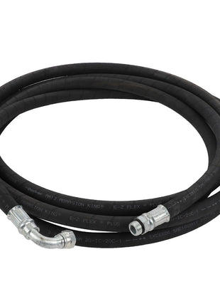 The AGCO Hydraulic Hose - Acp0004440 features a coiled black design with metallic connectors at both ends, including one angled connector. No current product description available.