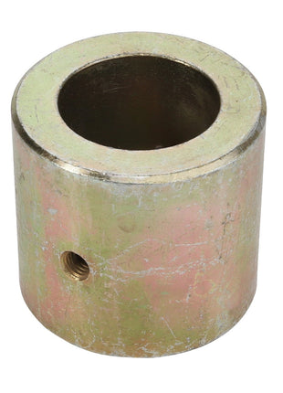 The AGCO | BUSH - D49073300 is a cylindrical metal bushing featuring a central hole and a smaller side hole for fastening. The surface shows signs of wear with a slightly tarnished finish. There is no current product description information available from the manufacturer.