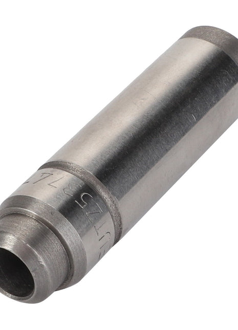 A cylindrical metal component, known as the AGCO | VALVE GUIDE - F148200210250 by AGCO, features a hollow interior and engravings near one end. For additional details before ordering, please contact our Support Team for assistance.