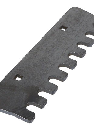 The AGCO | Wear Plate - Acw9111540 by AGCO is a flat, metallic tool featuring a toothed edge and two square holes for mounting, with an appearance similar to that of a coarse comb. No current product description information is available.