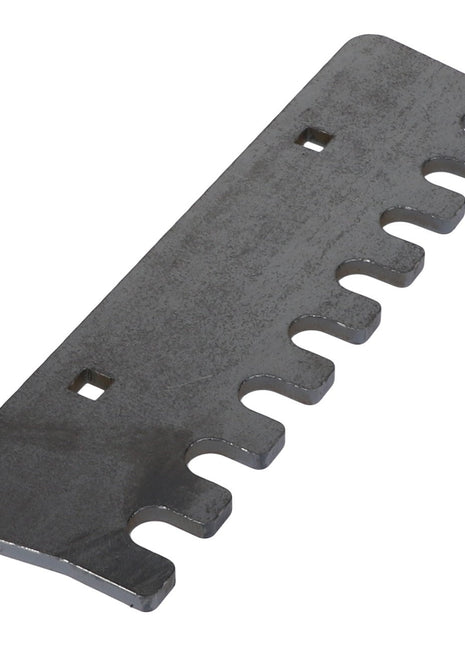 The AGCO | Wear Plate - Acw9111540 by AGCO is a flat, metallic tool featuring a toothed edge and two square holes for mounting, with an appearance similar to that of a coarse comb. No current product description information is available.