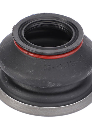 The AGCO Dust Boot - F385300100030 is a black rubber gasket with a red inner ring and a metal base, stamped with the number "35-714706-10".