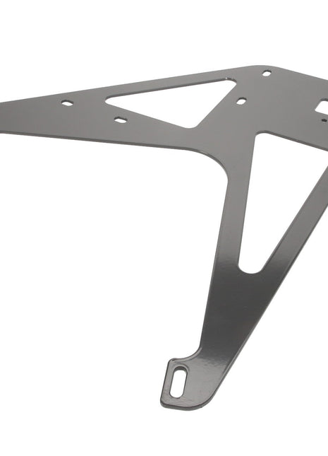 The AGCO Bracket - Acw9080640, a triangular, silver metal bracket from the AGCO brand, features multiple cutouts for mounting or attachment, including both circular and rectangular holes. Currently, no product description information is available.