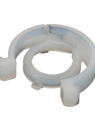 Close-up image of an AGCO | Clip - Acp0446200, a white plastic circular clip featuring an open design and two prongs on either side.