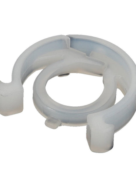 Close-up image of an AGCO | Clip - Acp0446200, a white plastic circular clip featuring an open design and two prongs on either side.