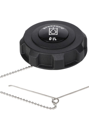 The AGCO hydraulic oil cap, model AG121768, is black and comes equipped with a chain and latch pin; no current product description information is available.