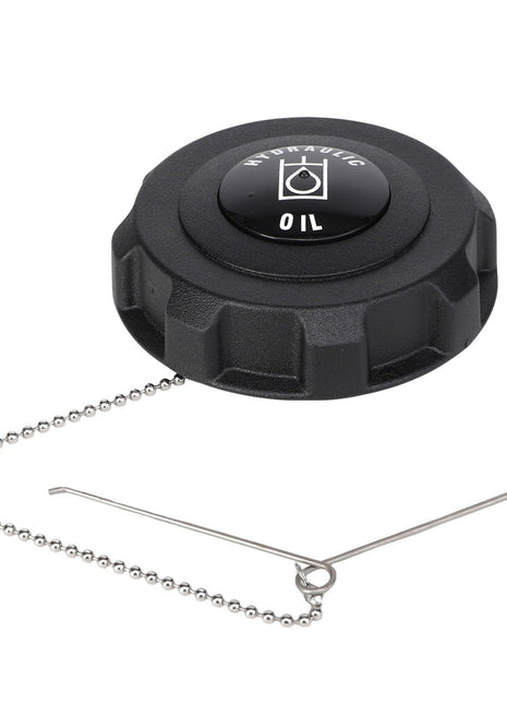 The AGCO hydraulic oil cap, model AG121768, is black and comes equipped with a chain and latch pin; no current product description information is available.