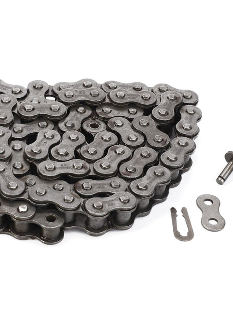 A coiled metallic bike chain with a connecting link and clip laid beside it on a white background, showcasing the optimal performance of the AGCO Chain, Return Elevator - D42329000.