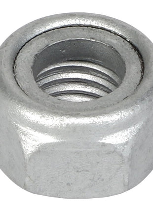 Close-up of the AGCO | Hex Top Lock Nut - Acw1842670 with internal threading, used in conjunction with a bolt for fastening applications. No current product description information is available, but the silver nut features a precisely machined surface ideal for secure connections.