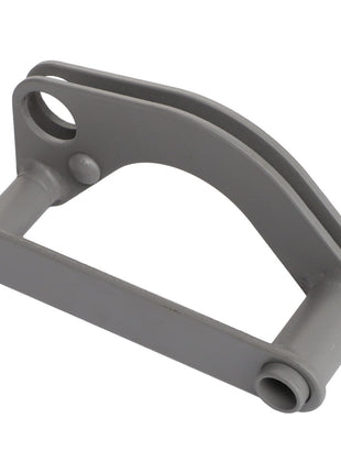 The AGCO Link - 180983M91 is a metallic gray hinge bracket featuring cylindrical ends and two mounting holes, designed for mechanical or structural use and compatible with Valtra machinery.