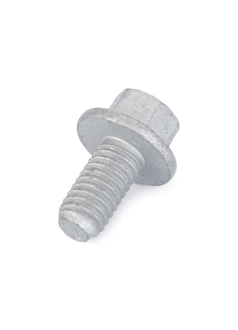 A silver hex head bolt with a threaded shaft and a washer-like flange under the head, measuring precisely 18.82mm, from AGCO's product line (F119200090150), placed on a white background.