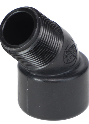 Introducing the AGCO | STREET ELBOW - AG052341: a black plastic pipe fitting featuring a threaded male end and a smooth female end, connected at a 45-degree angle. For ordering or inquiries, please contact our support team.