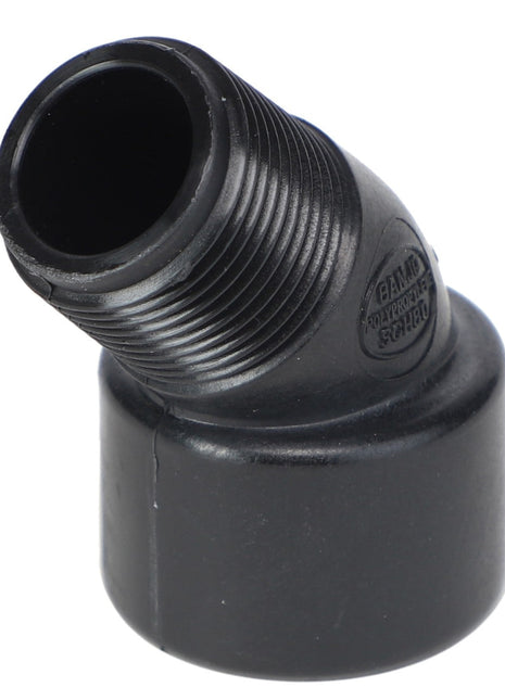 Introducing the AGCO | STREET ELBOW - AG052341: a black plastic pipe fitting featuring a threaded male end and a smooth female end, connected at a 45-degree angle. For ordering or inquiries, please contact our support team.