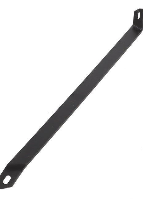 The AGCO | BRACKET - D28281389 is a long, sleek, flat black metal strip featuring a hole on each end by AGCO.