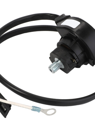 The AGCO | BEARING - D45060100 is a sleek black automotive sensor with an attached cable, featuring a durable connector on one end and a sturdy metal bolt on the other.