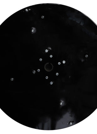 The AGCO | RIGHT HAND FAN - AG059327 is a durable black circular component with multiple small holes and reflective spots, likely intended for use as a mounting plate or cover in application equipment parts.