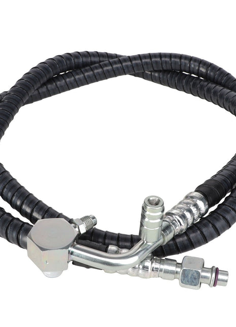 Close-up of the AGCO | Hose - Acp0301140, a coiled hydraulic hose assembly featuring metal fittings at both ends, designed for industrial machinery use.