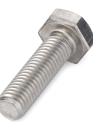 A close-up of the AGCO | BOLT - E105054, a silver hexagonal bolt with a partially threaded shaft, on a white background, showcasing precision and reliability.