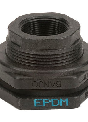 The AGCO | Tank Fitting - Acx2362270 is a black plastic threaded fitting, marked with "BANJO" and "EPDM," ideal for plumbing or industrial applications. No current product description information is available.