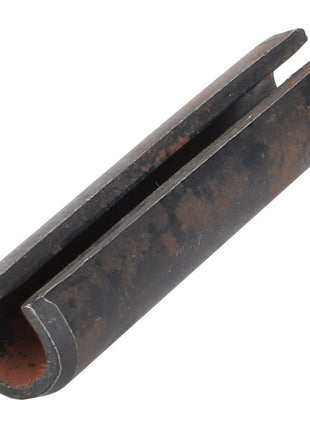 An AGCO cylindrical metal clip, model PIN - D42625400, features a slit running along its length and shows signs of rust and wear. No current product description information is available.