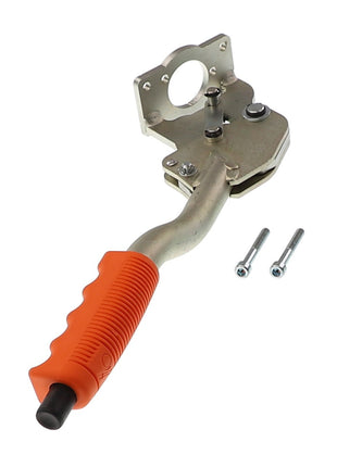 Product Description: The AGCO Control Lever - Acw108168B is a manual aircraft rivet gun featuring a curved handle with an orange grip, a metal bracket, and two screws included.