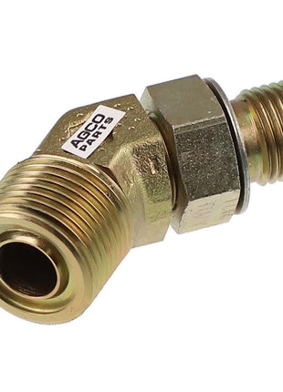 The AGCO | ELBOW FITTING - CH164-5624, labeled "AGCO PARTS," is a brass threaded hydraulic fitting featuring two threaded ends positioned at a 90-degree angle to each other, ensuring optimal connectivity and functionality.